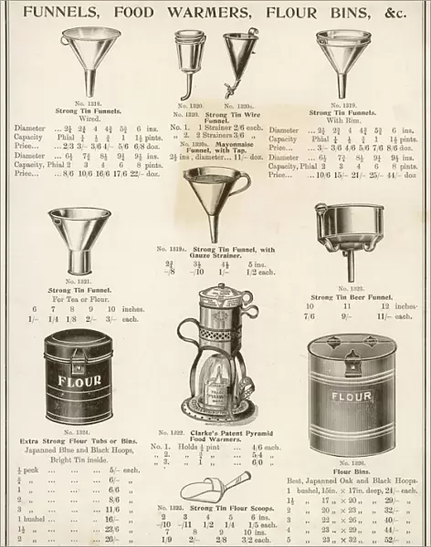 A selection of funnels, food warmers and flour bins