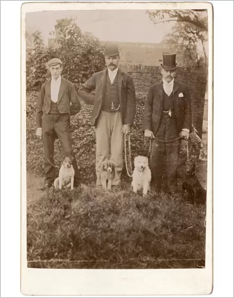 Three Victorian men with four assorted dogs