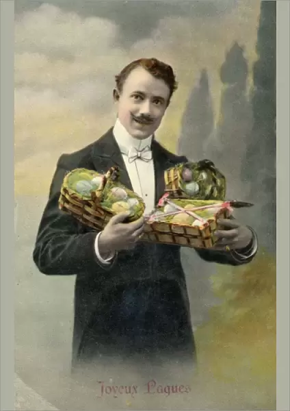 Well-dressed man with armful of Easter eggs