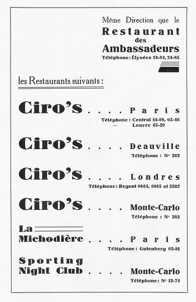 Advert for Ciros restaurant chain, 1930