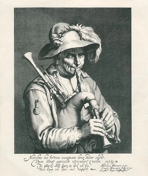 Bagpiper playing bagpipes Date: c. 1600