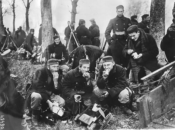 Belgian soldiers eating dinner, northern France, WW1