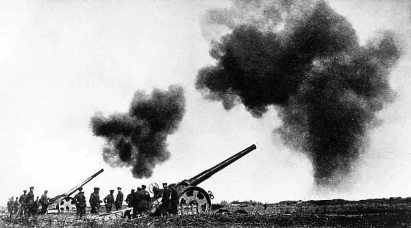 British naval guns firing, Western Front, WW1