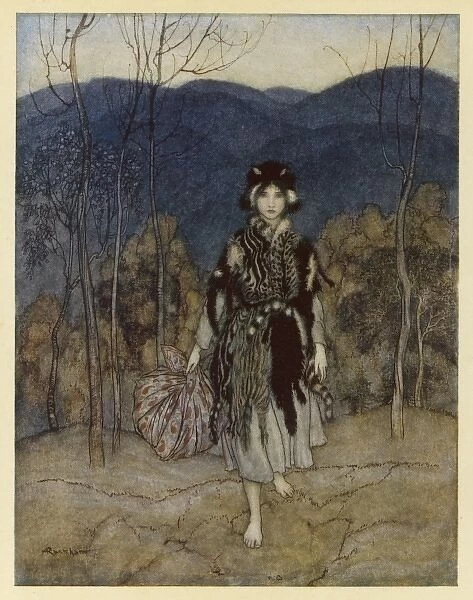 CATSKIN. Catskin walks barefoot through the woods, carrying her belongings with her