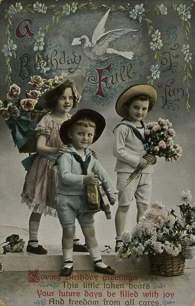 Three children bringing birthday flowers