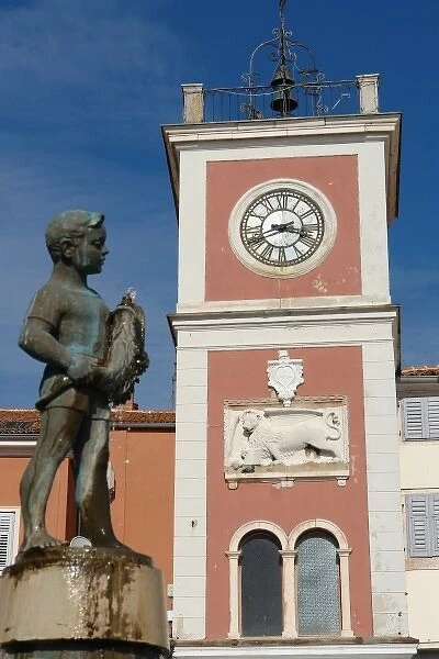 Clock tower and statue, Rovinkj, Croatia