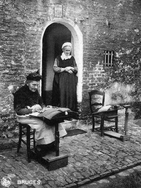 Lacemakers outside their home, Bruges, Belgium
