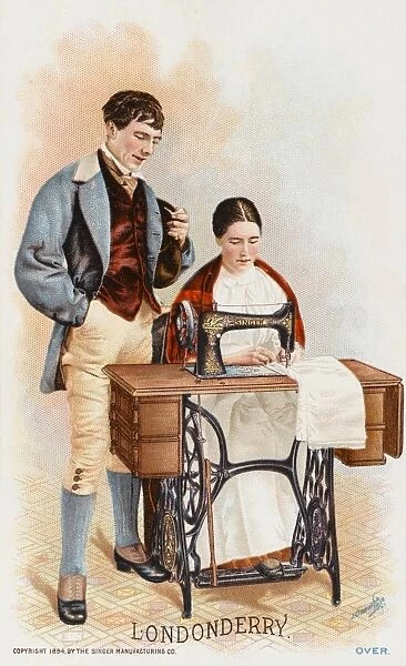 Lady from Londonderry using a Singer Sewing Machine