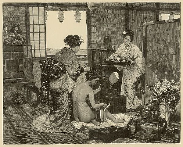 A Lady is waited on by two Japanese Servants