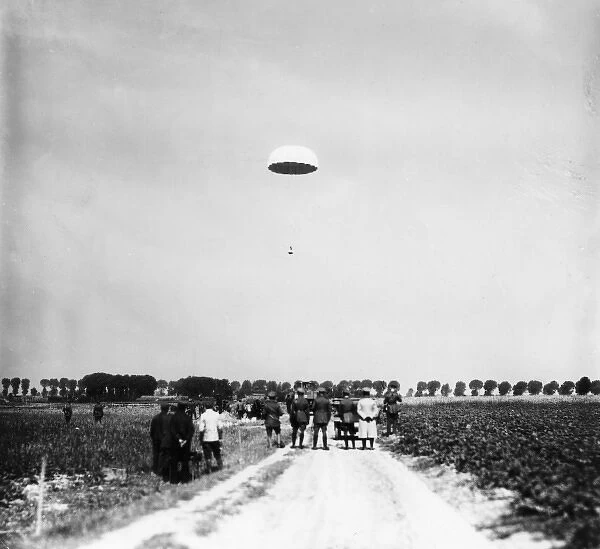 Parachute descending, Fournes, France, WW1