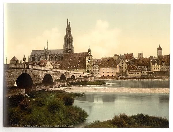 Stone Bridge (i. e. Steinerne Brucke) and cathedral, Ratisbon