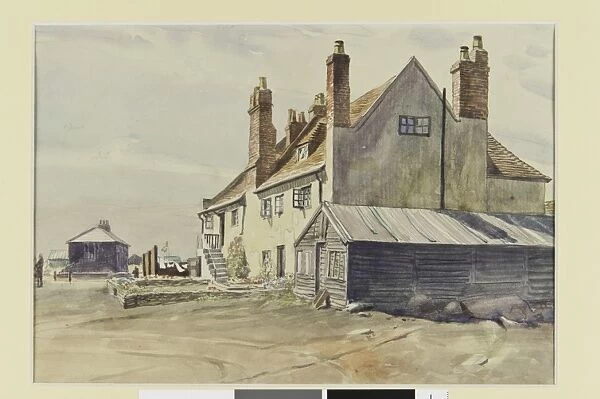 Watercolour sketch with buildings and shed