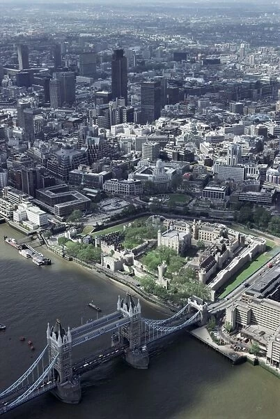 Aerial of Tower Bridge, Tower of London and the City of London, London
