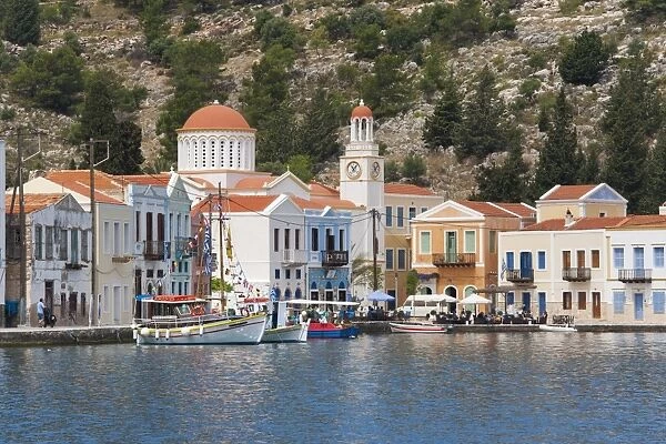Waterfront houses and church, Kastellorizo (Kastelorizo, Megisti, Meis), Rhodes, Dodecanese Islands