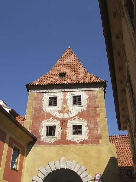 Europe, Czech Republic, Cesky Krumlov. An intricate sundial decorates the Budejovicka Gate