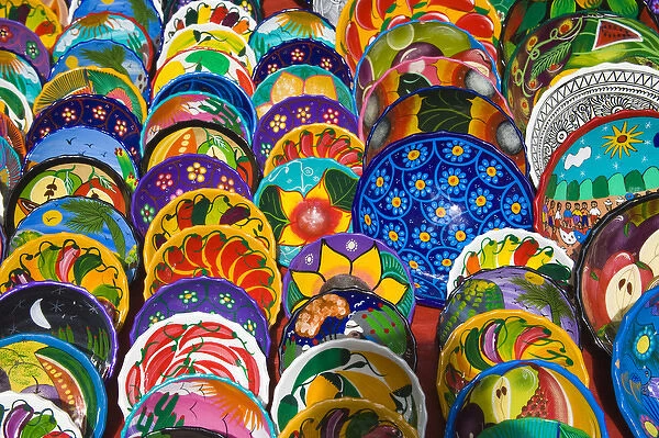 Mexico, Quintana Roo, near Cancun, Chichen-Itza, colorful ceramic pottery is sold