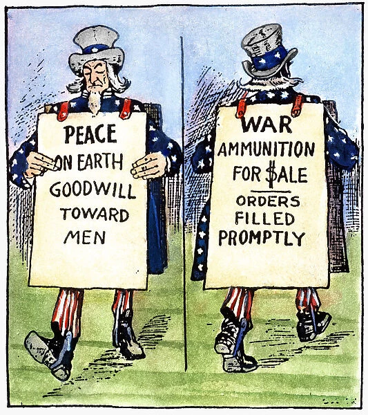 CARTOON: U. S. NEUTRALITY. Satirical American cartoon comment, c1917, on Uncle Sams conflicting desires to encourage peace by remaining neutral in World War I and to profiteer by selling munitions to the Allies