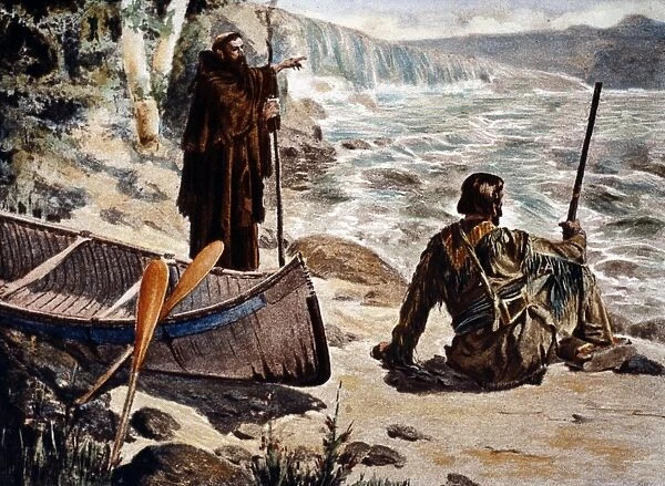 FATHER LOUIS HENNEPIN (1640-1701?). French missionary and explorer in North America. At the Falls of St Anthony, 1680, along the Mississippi. Lithograph, 1905