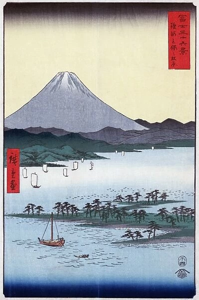HIROSHIGE: SURUGA, c1850. Pine groves and Mount Fuji on Miho Bay in Suruga Province, Japan. Woodcut by Ando Hiroshige, c1850