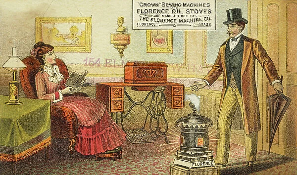 SEWING MACHINE AD, c1880. American merchants trade card, c1880, for Crown Sewing Machines & Florence Oil Stoves