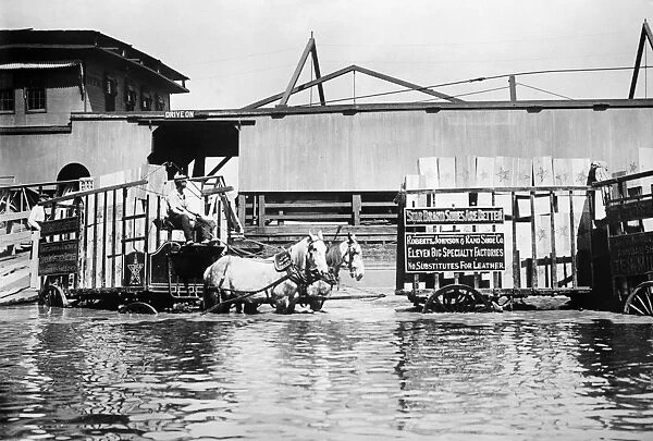 ST. LOUIS: FLOOD, 1909. A horse-drawn wagon at the flooded levee in St. Louis, Missouri