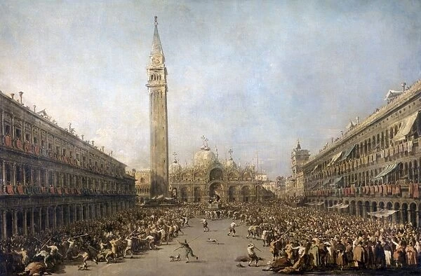 VENICE: SAINT MARK S. Doge Alvise IV at Saint Marks Square, being carried on the backs on men, and distributing coins held on gondolier batons to the crowd. Painting by Francesco Guardi, c1770