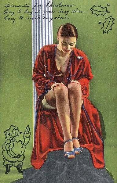 Advertisement for Hosiery. ca. 1941, Airmaids for Christmas-Easty to buy at your drug store. Easty to mail anywhere. Hosiery-always a part of the Christmas tradition is a must this year for women of all ages. They can t get enough pairs these days. We still have precious silk and coveted nylon Airmaids in stock-gift wrapped. Buy Airmaids now while our sizes and colors are complete. Sincerely