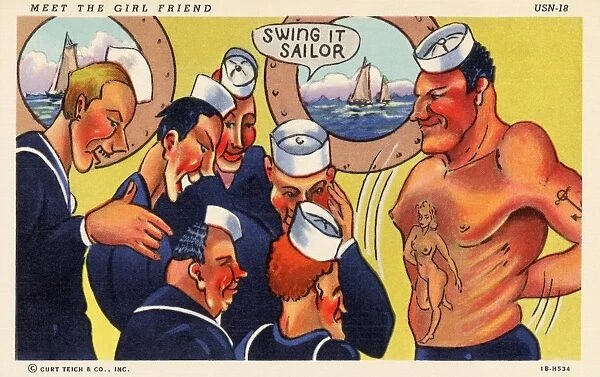 Sailors Looking at Friends Tattoo. ca. 1941, MEET THE GIRL FRIEND