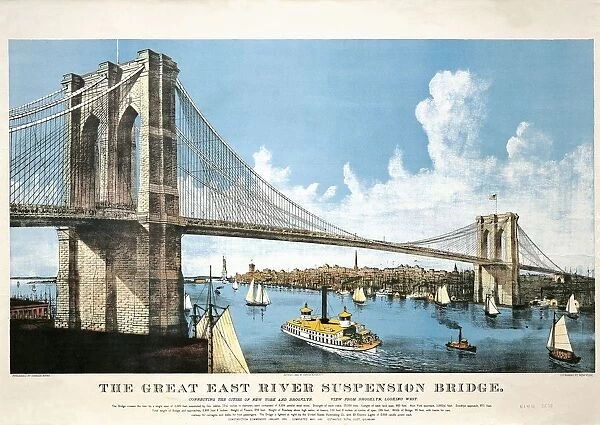 USA, New York, New York City, Brooklyn Bridge, colored lithograph, 1886