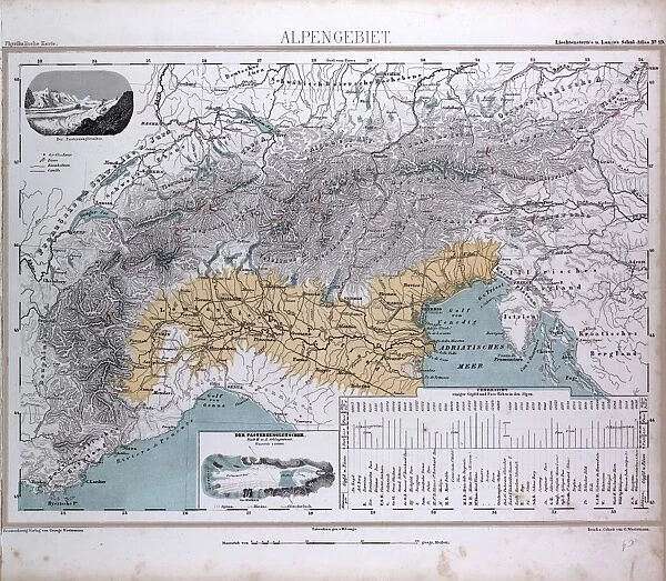 Alps, Alpengebiet, atlas by Th. von Liechtenstern and Henry Lange, antique map 1869