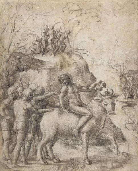 A Man Riding a Bull, and Other Figures