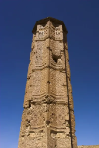 Buy Mortar hole in the Minaret of Bahram Shah, one of two 12th century minarets believed to have served as models for the Minaret of Jam, with square Kufic and Noshki script, Ghazni, Afghanistan,