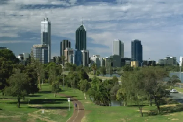 Buy City skyline viewed over park, Perth, Western Australia, Australia, Pacific