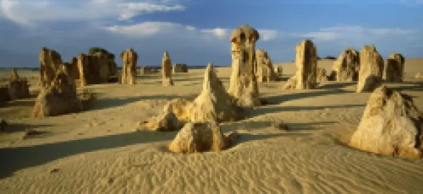 Buy Panorma of eroded rock formations, The Pinnacle Desert, Nambung National Park, near Perth, Western Australia, Australia,