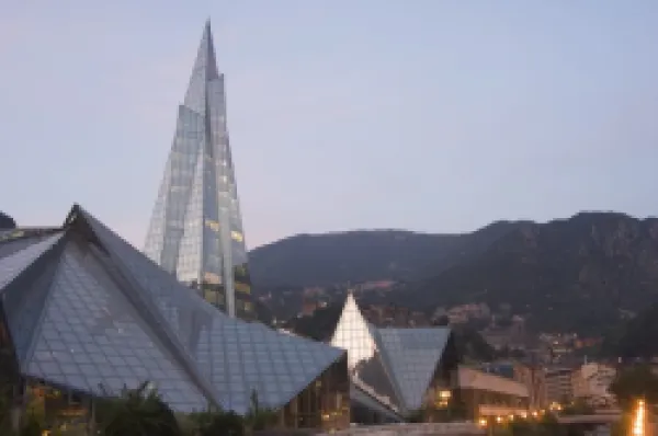 Buy Caldea Hot Spring Complex lit up in the evening