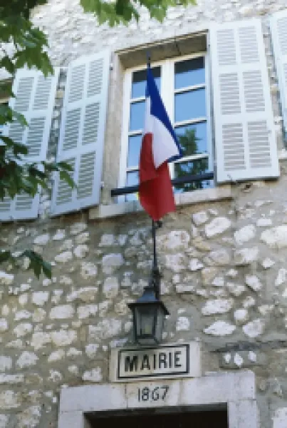 Buy Exterior detail of the town hall and French flag