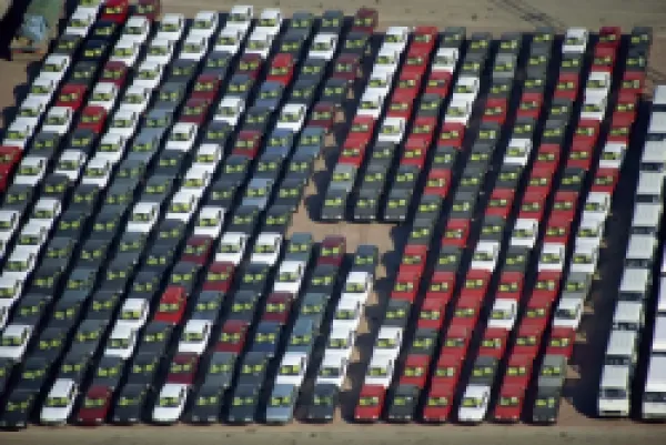 Buy Aerial of cars lined up on the docks at the port of