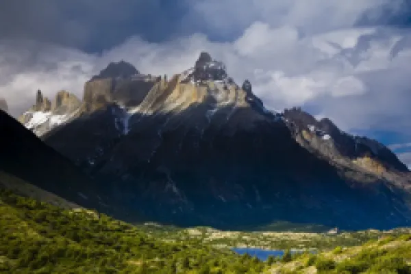 Buy Chile, Southern Patagonia, Torres Del Paine National Park. Late afternoon light illuminates the peaks of the Cuernos del Paine.