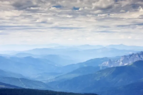 Buy USA - View westwards from Mount Shasta looking across the Marble Mountains and Shasta-Trinity range, hazy and smoky after 2008 fires.