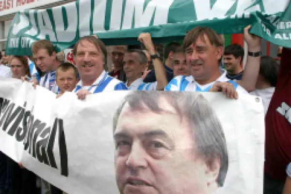 Albion fans with giant banner outside East Hull labour party office
