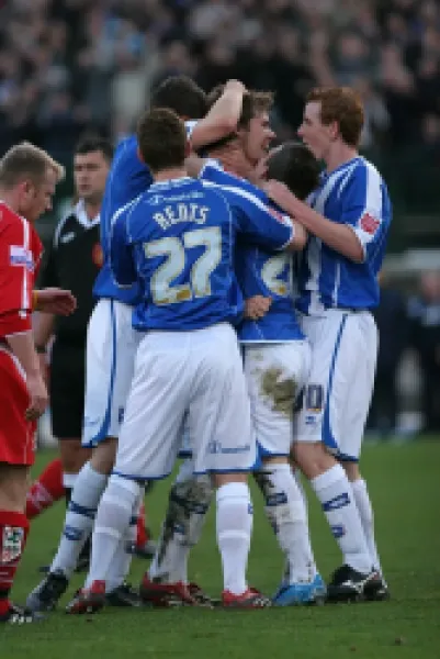 Dean Hammond celebrates his goal against Stafford Rangers