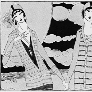 Art deco illustration of women in smart beach sweaters, 1924