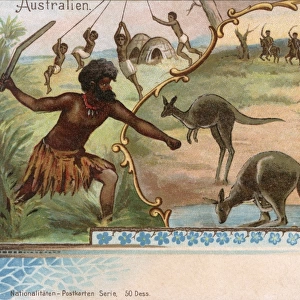 Australian Aborigines hunting Kangaroo with boomerangs