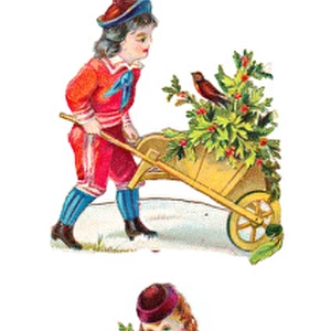 Boy, girl and clown on three Victorian Christmas scraps