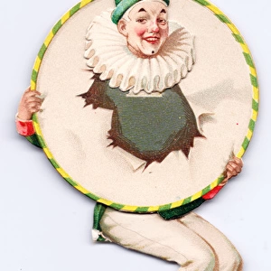 Clown with head through paper hoop on a greetings card