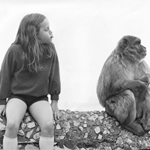 Little girl with a Gibraltar Barbary Macaque