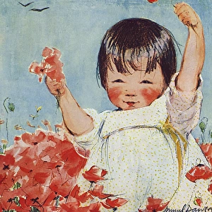 Little girl with red flowers by Muriel Dawson