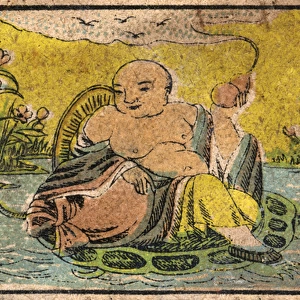 Old Japanese Matchbox label with a man sitting on a turtle