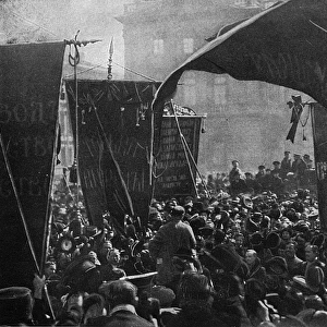 People in a street with banners, Petrograd, Russia