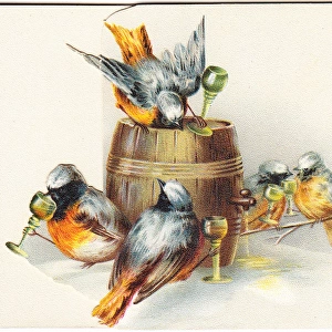 Five robins on a Christmas card